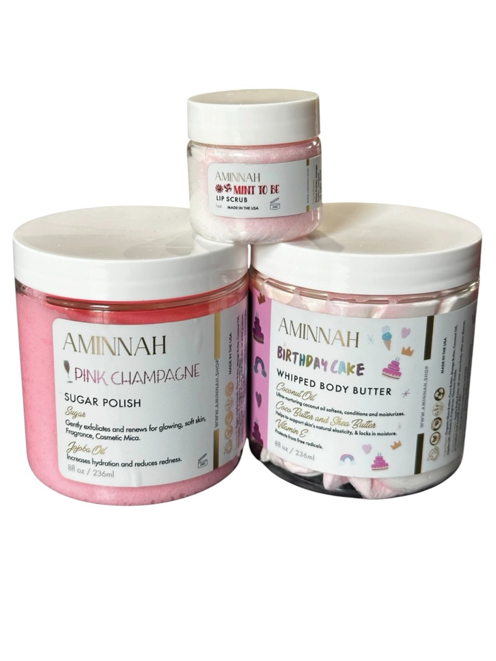Aminnah Skincare gift set (3 pcs) Sugar Polish, Whipped Body Butter & lip scrub